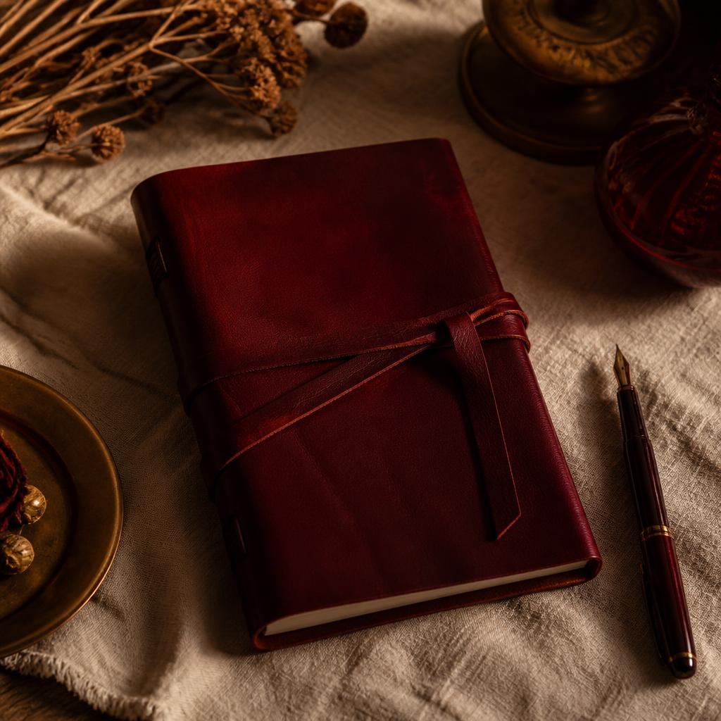A deep red leather journal with a fountain pen
